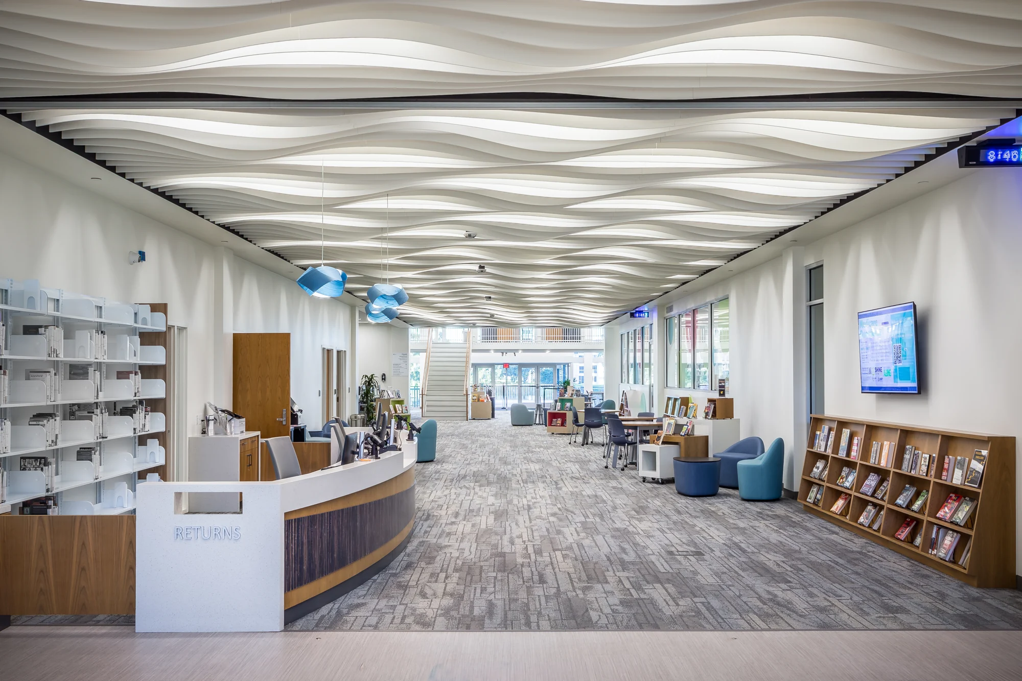 Wave-shaped ceiling above the renovated President Barack Obama Main Library